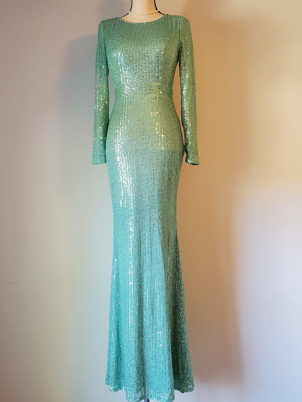 Miss Ord Mint Sequin Long Sleeve Floorlength Evening Gown with Train Size Small